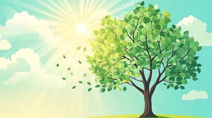 Obraz premium A green tree stands tall against a bright blue sky with fluffy white clouds and sun rays.