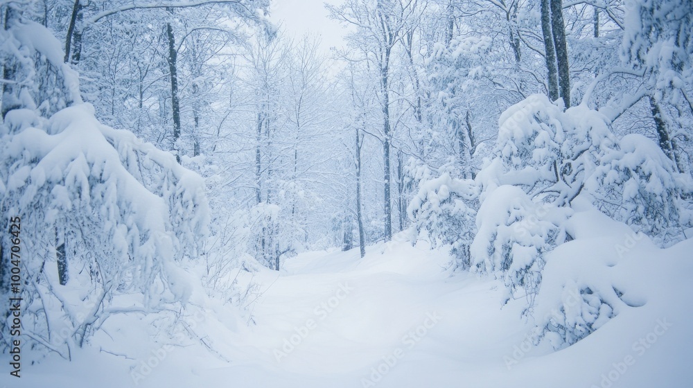 Poster a quiet woodland is enveloped in a thick layer of snow, creating a peaceful atmosphere. tall trees s