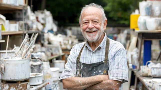 An elderly man stands confidently with his arms crossed in an outdoor studio filled with various art supplies, showcasing a cheerful smile and a love for creativity in the bright sunlight