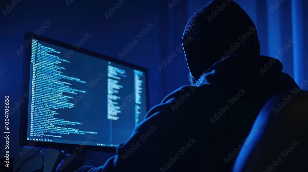Poster the individual sits at a desk in a dark room illuminated by a glowing computer screen filled with li