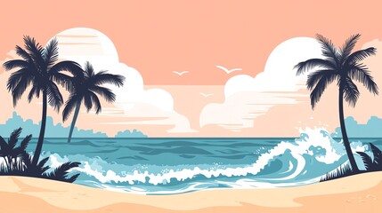 A beautiful beach scene with palm trees, blue ocean waves, and a bright pink and orange sky.