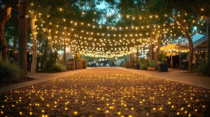 Warm string lights illuminate the pathway, inviting guests to enjoy the outdoor gathering