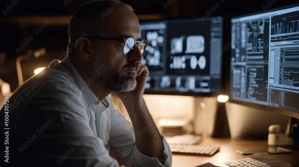 Poster a dedicated professional works intently late at night in a dark office, analyzing intricate data on 