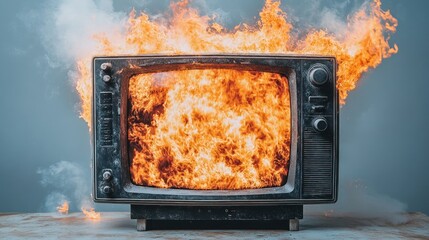 A vintage television set is surrounded by intense flames, creating a striking visual statement in a dim space