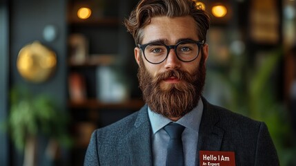 A well-groomed man in a suit introduces himself with a name tag in a contemporary workspace