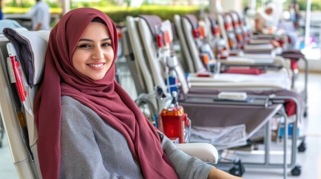 A young woman wearing a maroon hijab smiles confidently while sitting in a blood donation chair. The facility is filled with various donors participating in a community health initiative - Powered by Adobe