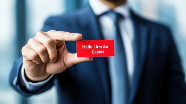 A smartly dressed individual proudly displays a card that declares expertise, set in a contemporary office backdrop