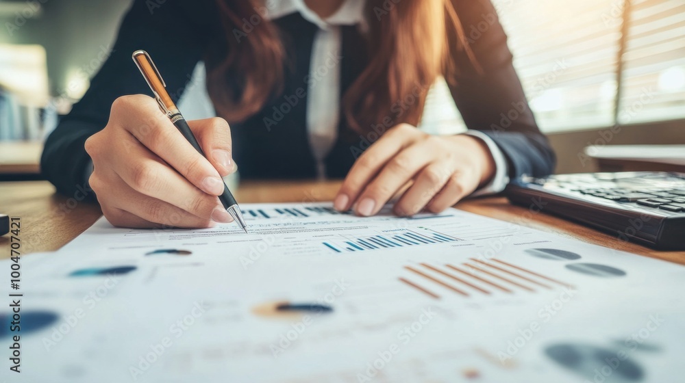 Poster a business professional reviews financial data, using a pen to take notes on reports covered with gr