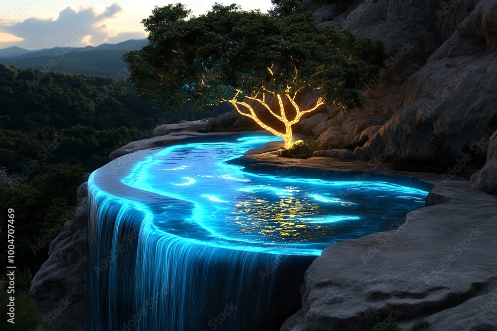 Poster a fantasy mountain stream with magical waters, where glowing fish swim beneath enchanted trees, and 