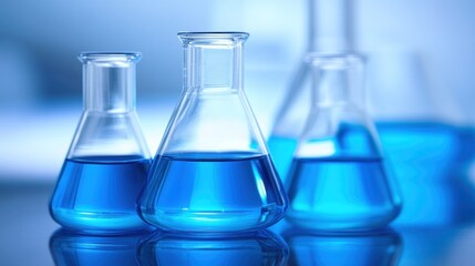 Glass beakers containing vibrant blue liquid sit on a glossy workbench in a contemporary laboratory, highlighting an experiment in progress under soft lighting