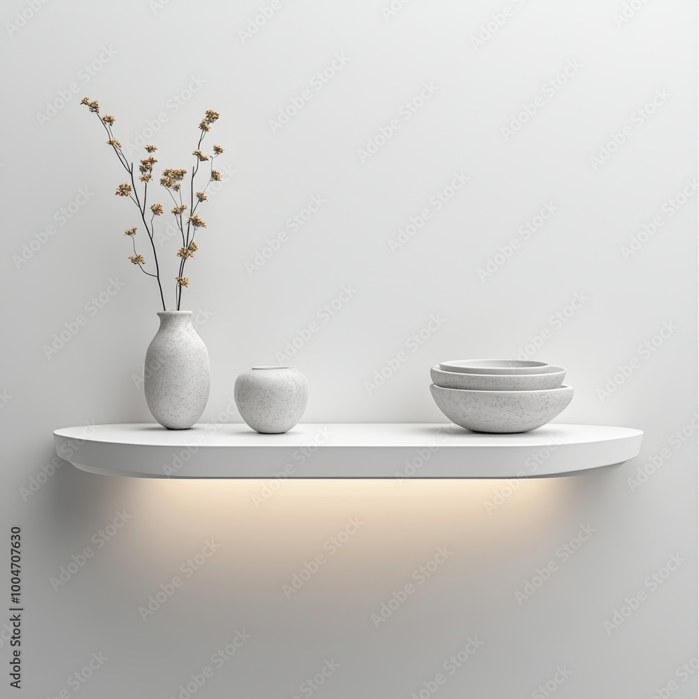 Poster a floating white shelf with rounded edges, mounted against a light grey background with subtle, soft