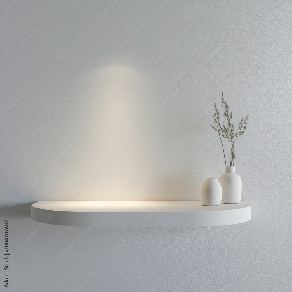 Poster a floating white shelf with rounded edges, mounted against a light grey background with subtle, soft