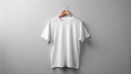 A blank white casual shirt with a relaxed fit on a hanger against a light gray background, perfect for showcasing brand designs or logos on a mockup.