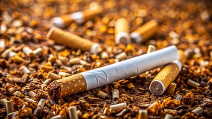A close-up of a lit cigarette, surrounded by crushed up packs and scattered cigarette butts, conveying the dangers of teenage smoking addiction.