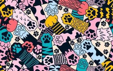 Cute paw cat seamless pattern. Cat’s paws seamless pattern vector, meow footprint steps, wrapping paper design, different paws illustration. Hand drawn colorful paw prints.