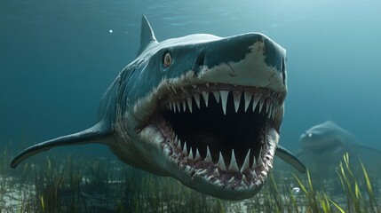 Fototapeta premium A massive shark showcasing its sharp teeth glides through a colorful underwater landscape filled with seaweed and marine life, evoking a sense of awe