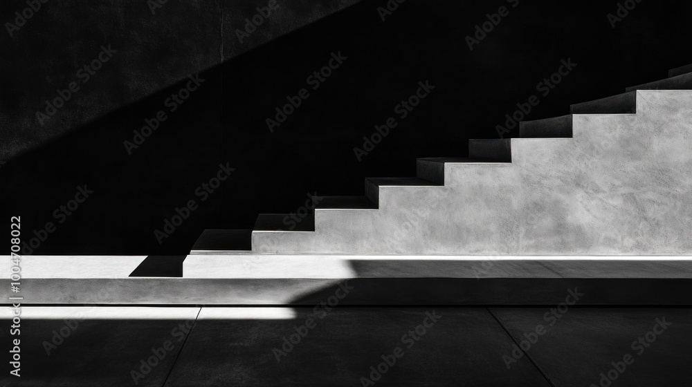 Poster a minimalist staircase is illuminated by afternoon light, creating striking contrasts between light 