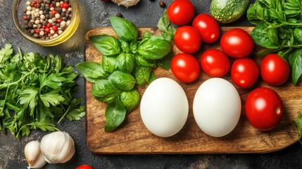 A variety of fresh ingredients including tomatoes, basil, and eggs are neatly arranged on a wooden cutting board, showcasing colors and textures for an inviting meal preparation