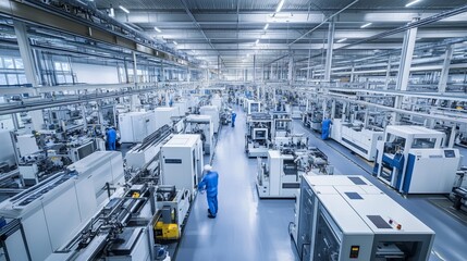 Modern manufacturing facility filled with automated machines and workers during daytime operations