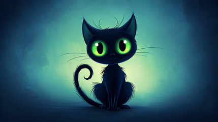 Cartoon cat with green eyes is sitting on a blue background