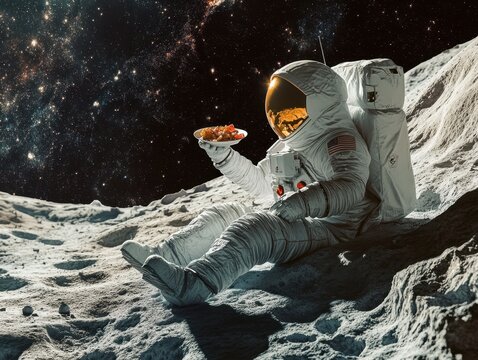 Astronaut enjoying a meal on the moon’s surface.
