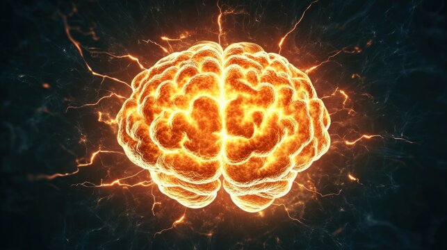 A vibrant, glowing brain emits electrical sparks, signifying a burst of creativity and intellect in a dark digital environment. The fiery display highlights the power of thought and imagination