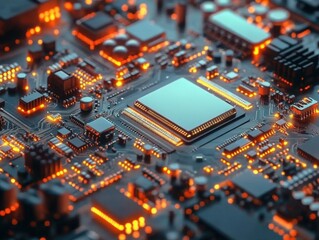 Fototapeta premium Intricate details of a modern computer motherboard circuitry.