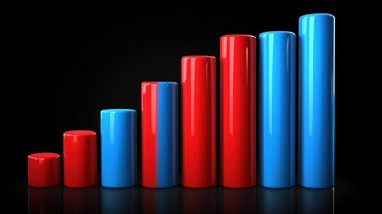 A visually striking bar graph displays a series of red and blue bars of varying heights, illustrating growth over a time period, set against a black background to enhance contrast