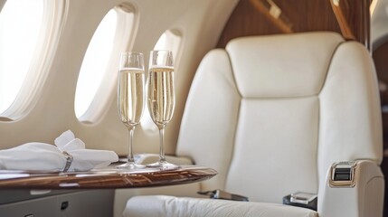 Two glasses of champagne are elegantly positioned on a wood-trimmed table next to a plush leather seat in the private jet's refined cabin, showcasing a moment of luxury during travel
