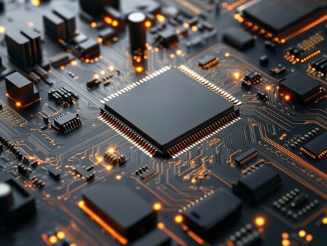 Intricate details of a modern computer motherboard circuitry.