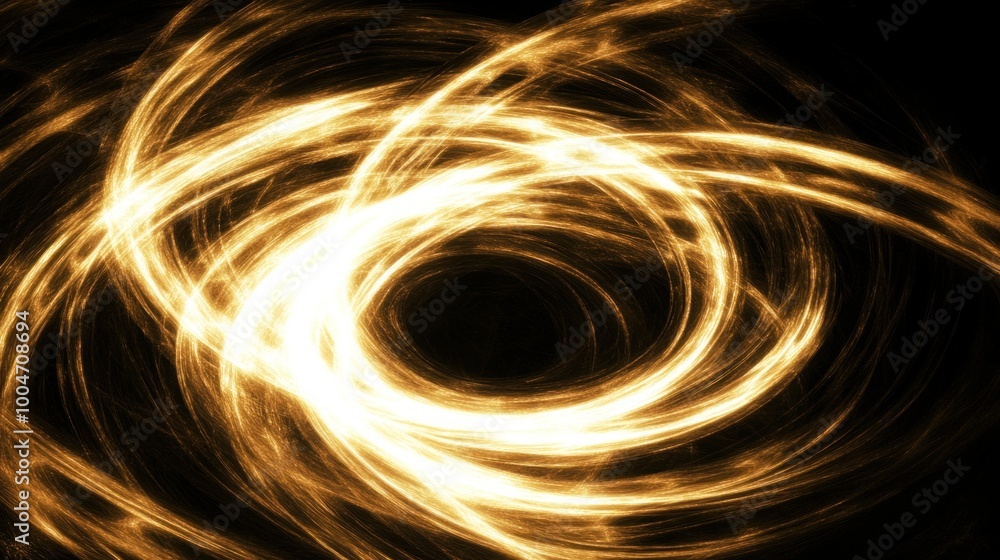 Poster golden light swirls in intricate patterns against a black background, creating an abstract visual ef