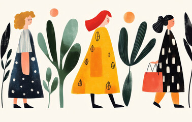 Charming Minimalist Illustration of Women Walking Amongst Modern Plants