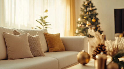 A cozy living room with a Christmas tree decorated with lights and ornaments