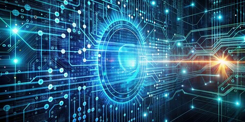 Futuristic digital backdrop featuring streaming binary code, intricate circuit patterns, and swirling algorithmic shapes, conveying artificial intelligence and technology advancement.