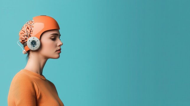 Parietal lobe psychophysics neural oscillation neurofeedback and hippocampus futuristic headgear on woman connected to neural scanning machine