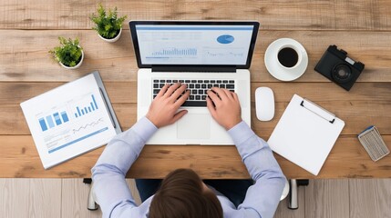 A person is focused on examining financial graphs and statistics on a laptop, surrounded by plants, a coffee cup, and various office supplies on a wooden desk