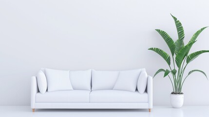 A spacious living area showcases a sleek white sofa with plush cushions alongside a tall green plant in a modern pot, creating a fresh and minimalist atmosphere