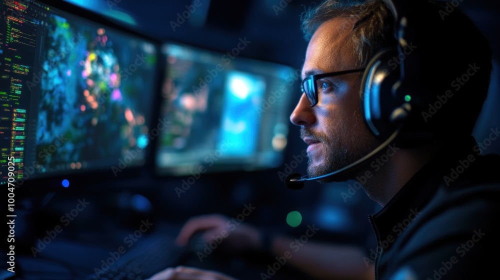 Poster a dedicated gamer is fully engaged in play, using multiple monitors to navigate a complex game. the 