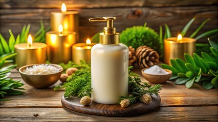 Luxurious bottle of rich moisturizing body lotion with golden cap and creamy texture on a spa-inspired wooden background, surrounded by lush greenery and candles.