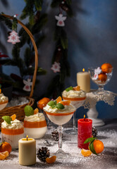 Delicious tangerine panna cotta decorated with mint for christmas dessert