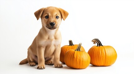 Puppy with pumpkin on a white background