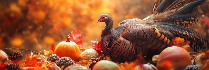 Obraz premium A beautiful turkey sits gracefully among colorful autumn leaves and pumpkins. This image captures the essence of fall in a vibrant and inviting style. Celebrate the harvest season. AI