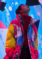 Fototapeta premium Vibrant fashion portrait in neon lighting