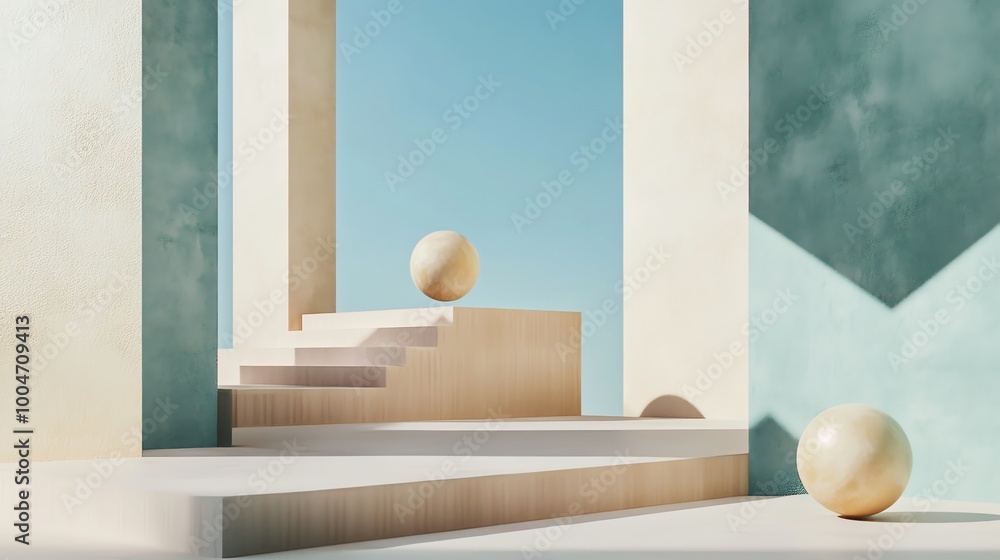 Aufkleber abstract minimal 3d rendering of spheres on wooden platforms in a modern geometric space.
