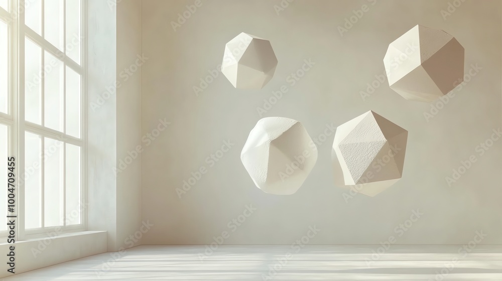 Poster white geometric shapes float in a room with a large window.