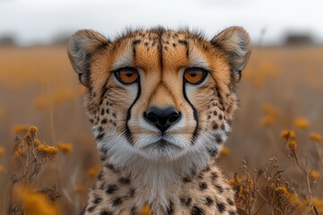 a stunning portrait of a beautiful cheetah against the backdrop of namibias wilderness showcasing its graceful form and captivating gaze embodying the spirit of the wild