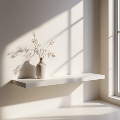 A glossy, rectangular white shelf with a smooth finish, floating in a clean room with soft, natural lighting