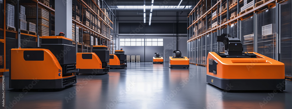 Poster automated robotic vehicles operating in a modern warehouse setting during daytime hours