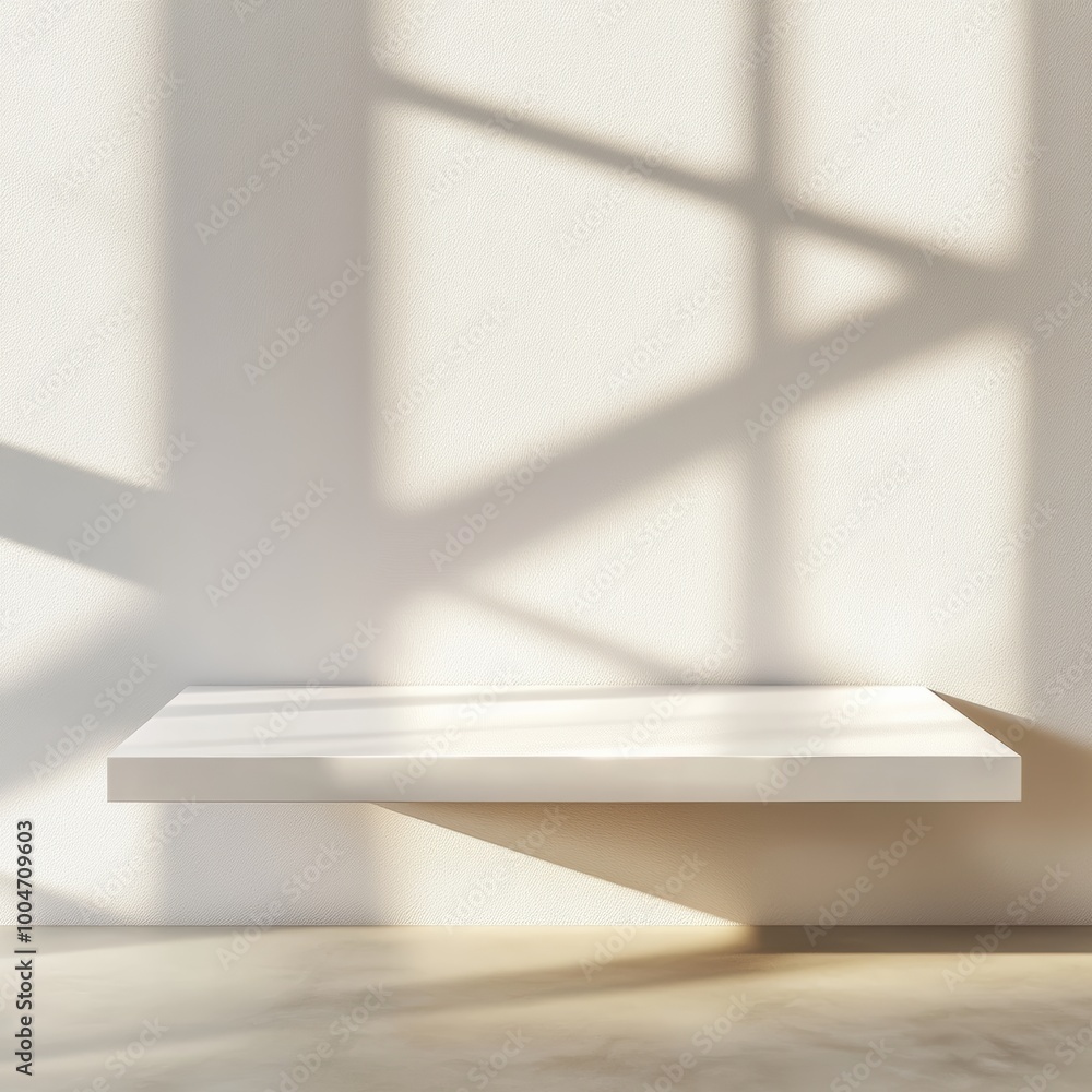 Poster a glossy, rectangular white shelf with a smooth finish, floating in a clean room with soft, natural 