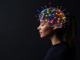 Brain oscillations Neuroplasticity Side profile of a person with a glowing digital brain symbolizing the power of thought and the integration of technology